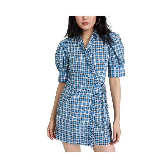 Ganni 'Seersucker' Check Multicolor Cotton Puff Sleeve Mini Dress Size 34 - Picture 1 of 4